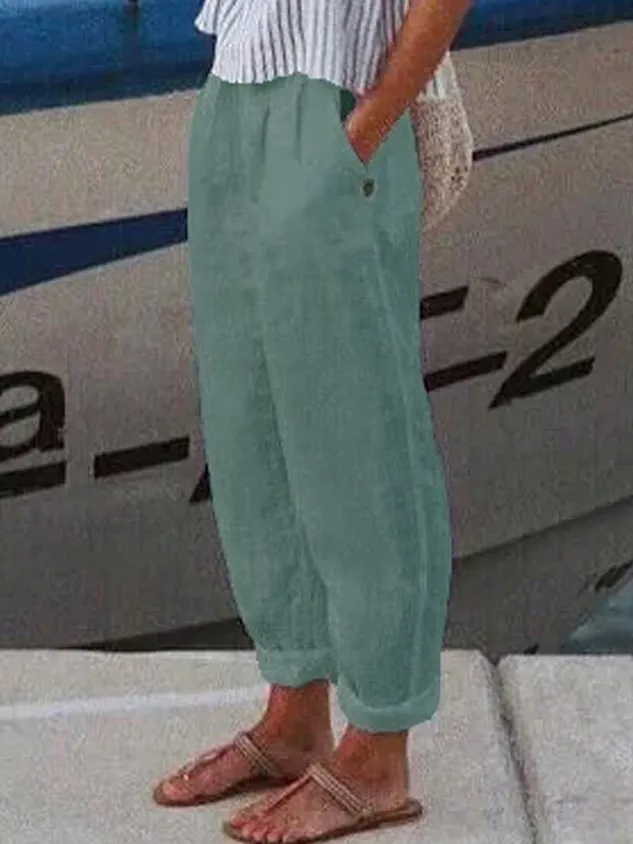 Vacation Casual Loosen Cotton Linen Solid Pants(⚡Clearance Sale)