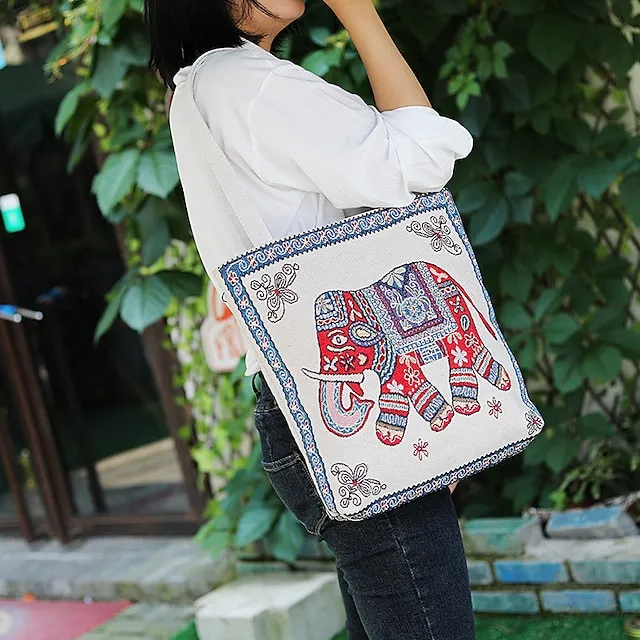 Women's Tote Shoulder Bag Canvas Tote Bag Oxford Cloth Shopping Daily Zipper Print Large Capacity Lightweight Durable Cat Flower Folk Butterfly Unicorn Black cat