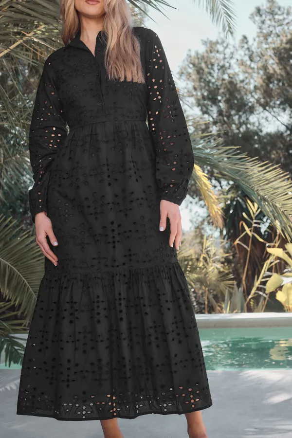 Casual Style Black Broderie Tiered Maxi Dress