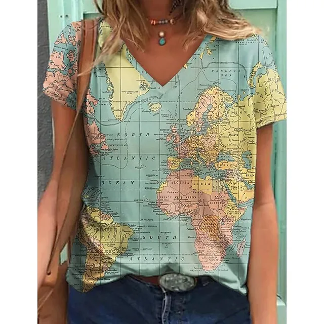 Women's T shirt Tee Blouse Graphic World Map Multi Color pea green Blue Purple Print Short Sleeve Street Daily Basic Modern V Neck Regular Fit T-shirt Sleeve Summer