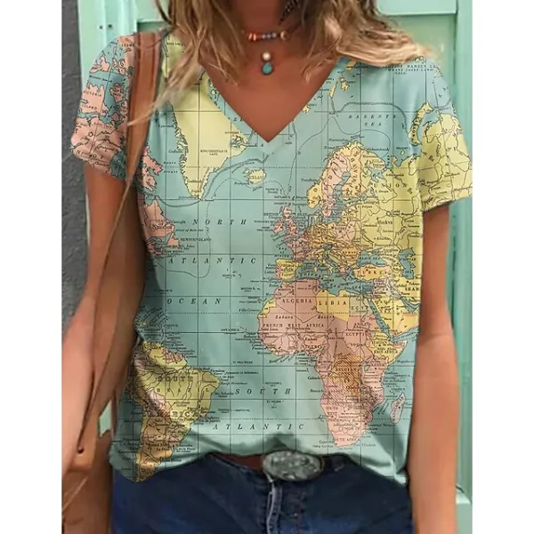 Women's T shirt Tee Blouse Graphic World Map Multi Color pea green Blue Purple Print Short Sleeve Street Daily Basic Modern V Neck Regular Fit T-shirt Sleeve Summer