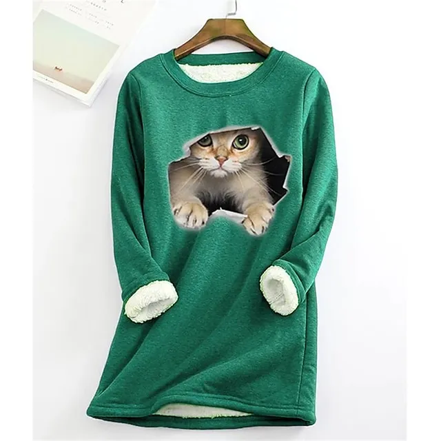 Women's Plus Size Sweatshirt Pullover Cat Teddy Sherpa Fleece Denim Blue Black White Street Casual Round Neck Long Sleeve Top Micro-elastic Fall & Winter