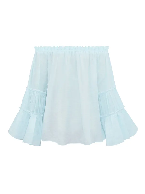 Urban Solid Color Pleated Puff Sleeves Off-The-Shoulder Blouse