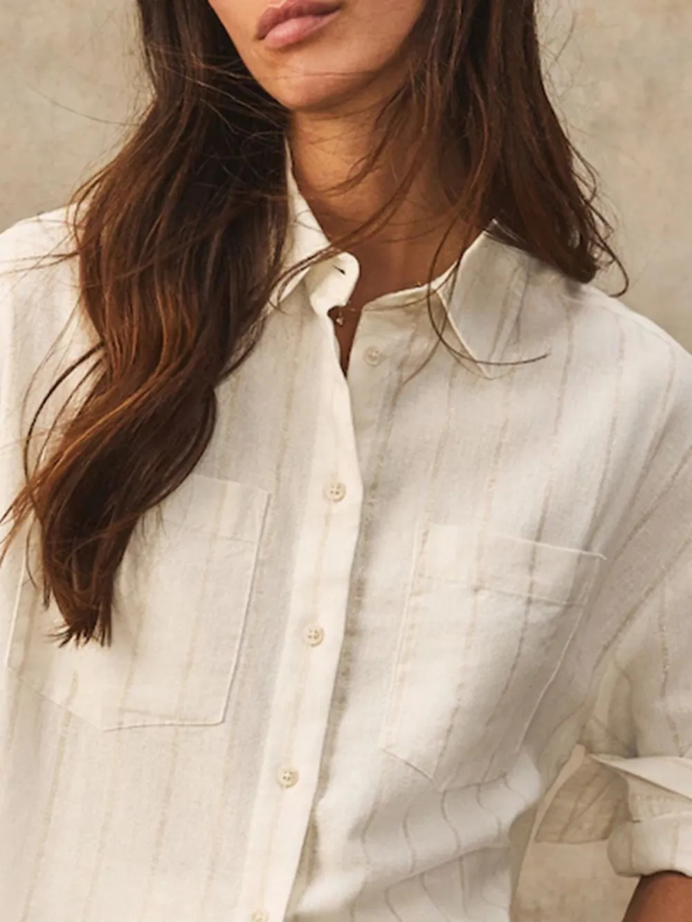 Metallic Long-Sleeve Striped Shirt Paired With Linen