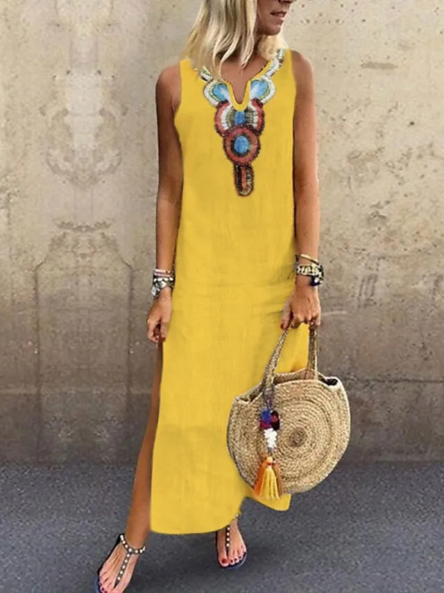 Women's Casual Dress Shift Dress White Dress Long Dress Maxi Dress Polyester Hot Casual Holiday Vacation Beach V Neck Split Print Sleeveless Summer Spring Fall 2023 Regular Fit White Yellow Wine