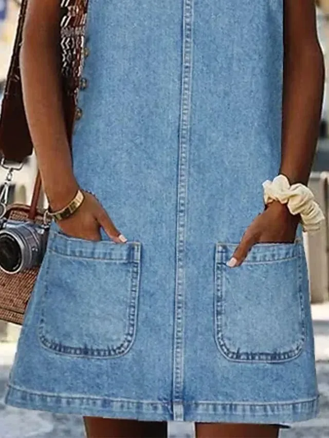 Women's Casual Dress Shift Dress Denim Overall Pinafore Dress Mini Dress Denim Fashion Modern Outdoor Daily Vacation U Neck Pocket Sleeveless Summer Spring 2023 Regular Fit Black Blue Gray Plain S M