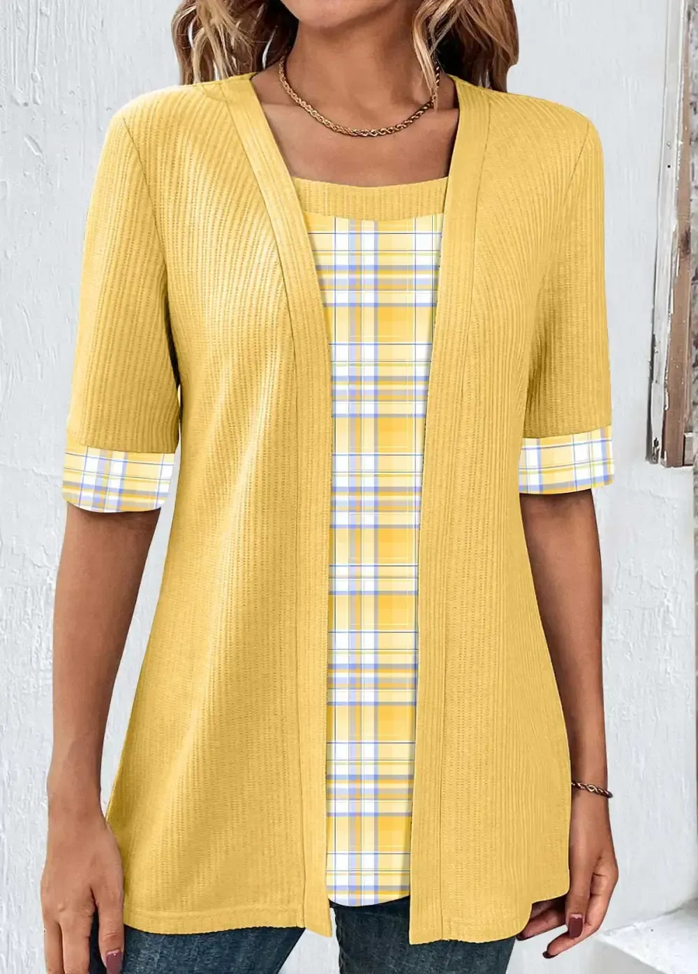 Yellow Fake 2in1 Plaid Half Sleeve T Shirt