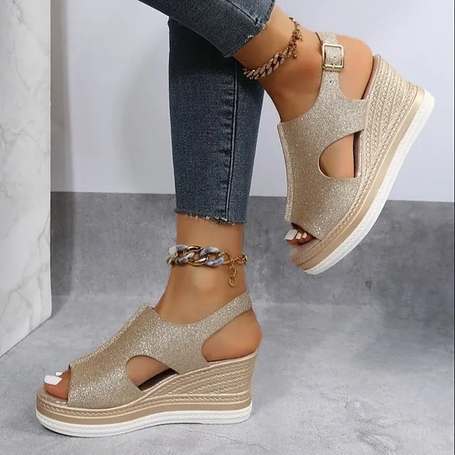 Women's Sandals Wedge Sandals Platform Sandals Plus Size Outdoor Daily Beach Summer Wedge Heel Peep Toe Casual Minimalism Faux Leather Buckle Solid Color Silver Gold