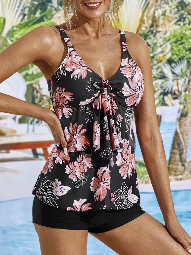 Vacation Floral Printing V Neck Tankinis Two-Piece Set
