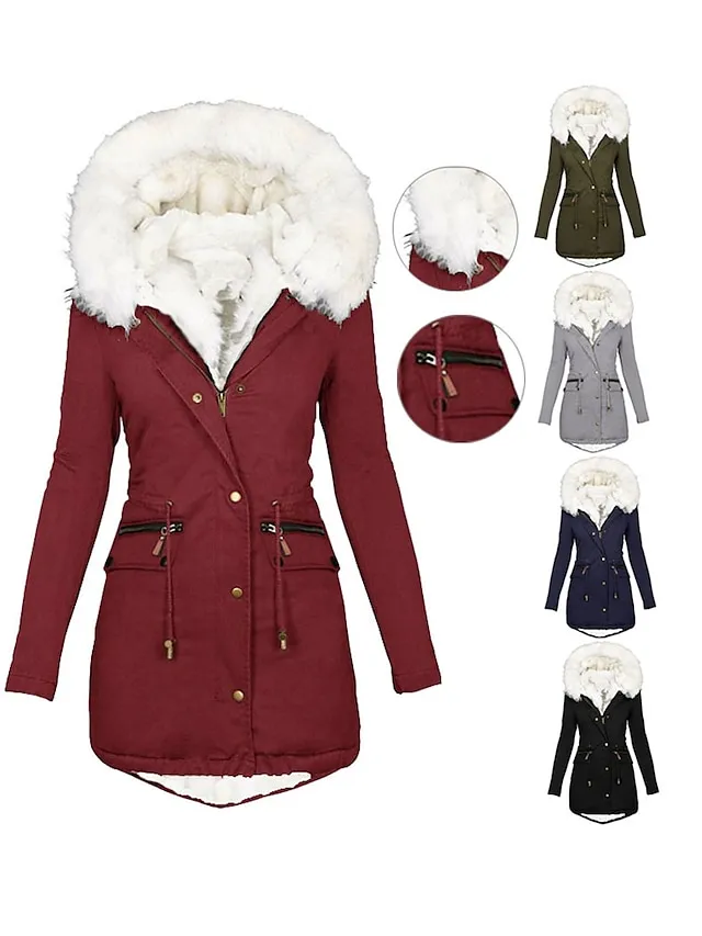 Women's Parka Fleece Lined Puffer Jacket Thicken Winter Coat with Fur Collar Hood Thermal Warm Heated Jacket with Pockets Fall Windproof Zipper Drawstring Outerwear Long Sleeve