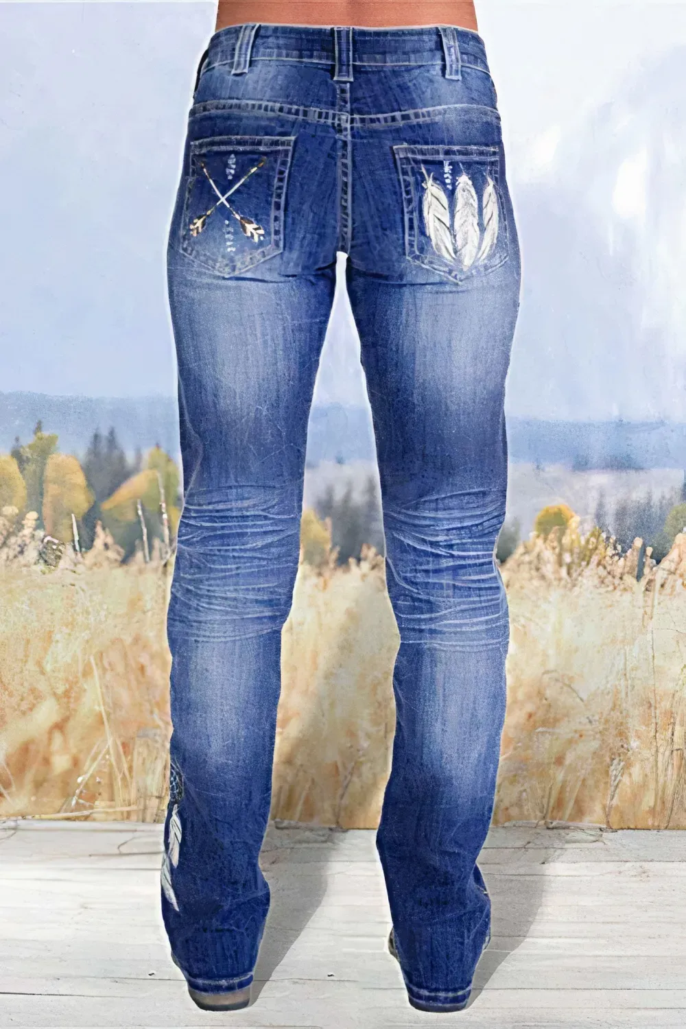 Vintage Feather Pattern Ripped Low Waist Bootcut Jeans