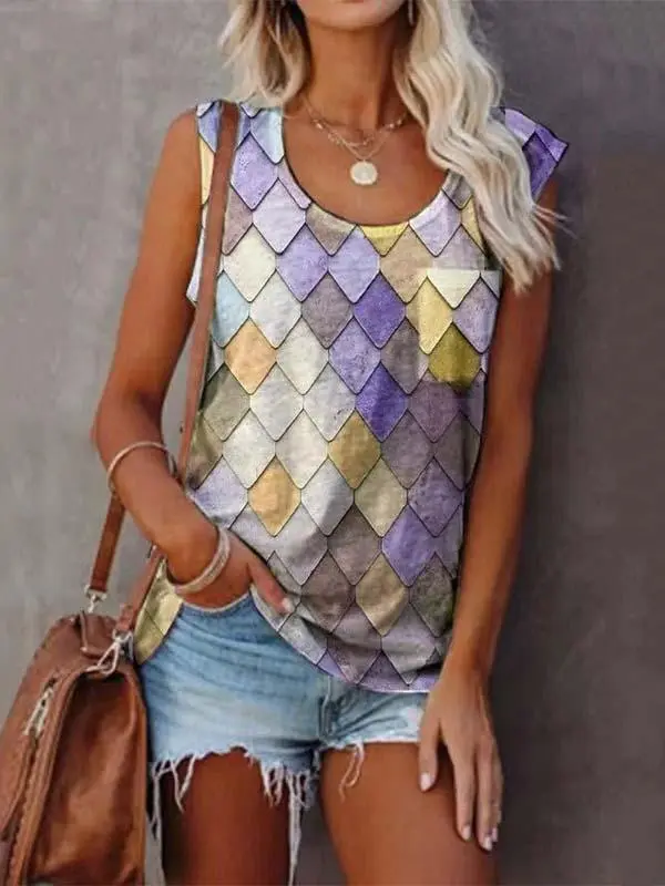 Women's Sleeveless Scoop Neck Chic Printed Tops T-shirts