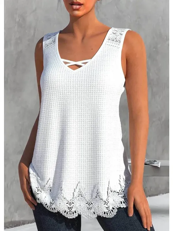 Women's Tank Top White Blue Plain Lace Sleeveless Casual Basic V Neck Regular S