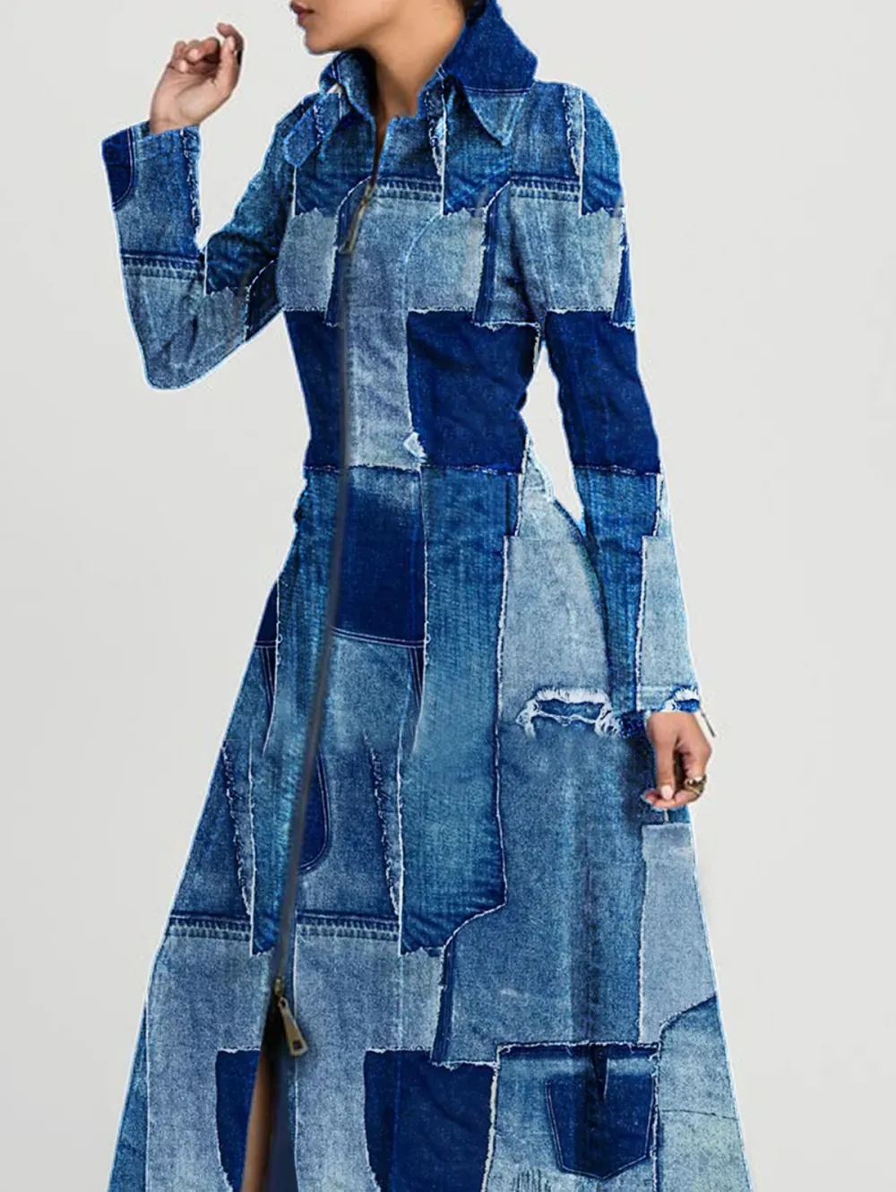 Ursime Denim Patchwork Raw Edge Zipper Long Sleeve Maxi Dress