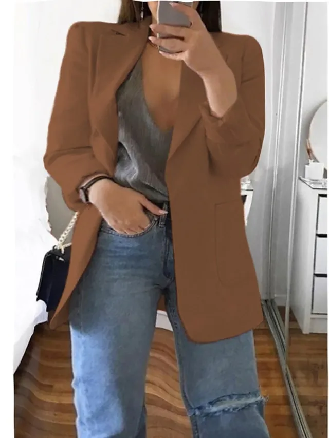 Women's Plus Size Curve Blazer Spring Work to Wear Office Jacket with Pocket Long Sleeve Peaked Lapel Fall Winter