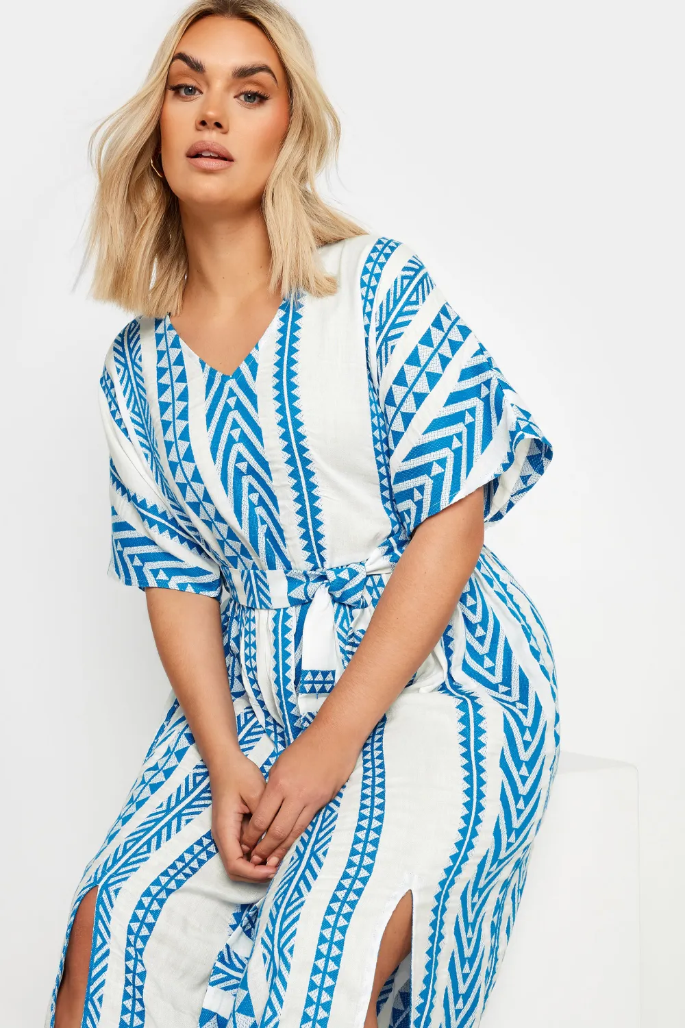 YOURS Curve Black & White Aztec Print Embroidered Maxi Dress