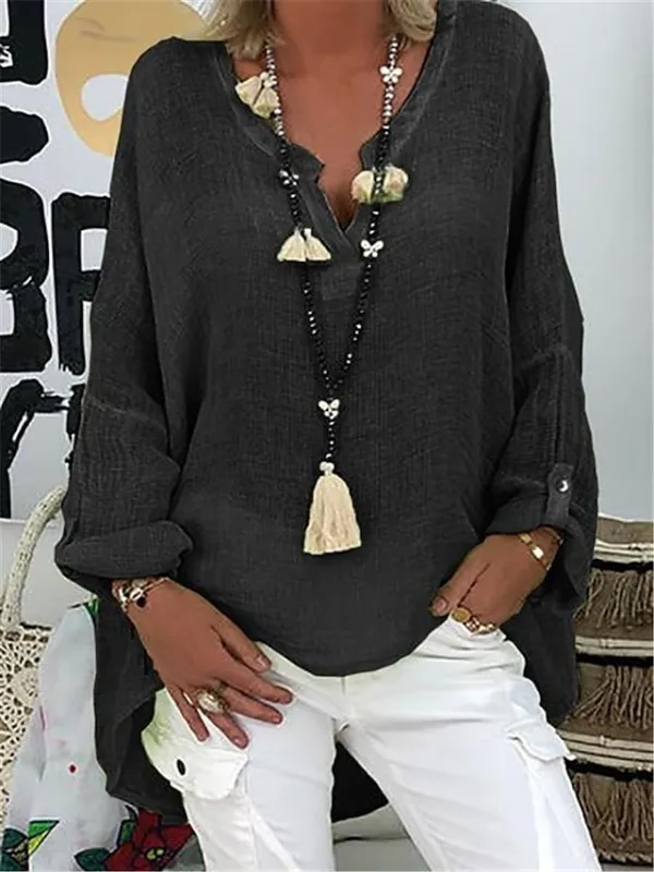Women's Shirt Blouse Linen Black White Pink Plain Long Sleeve Casual Basic V Neck Regular Fit Spring Fall