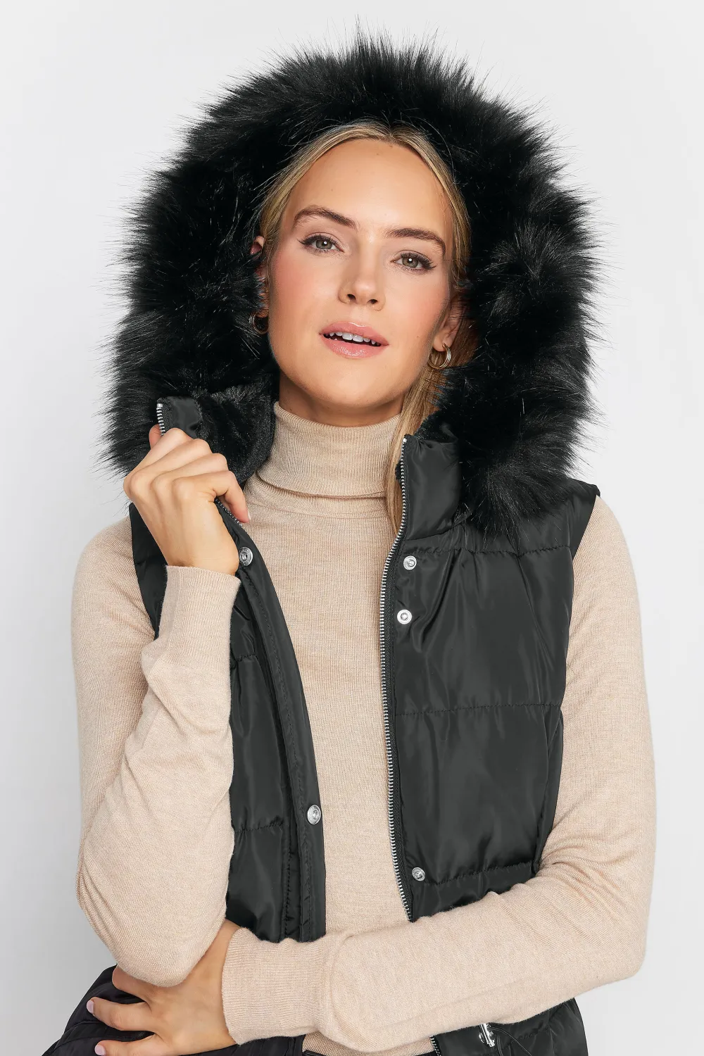 LTS Tall Black Faux Fur Trim Hooded Midi Gilet