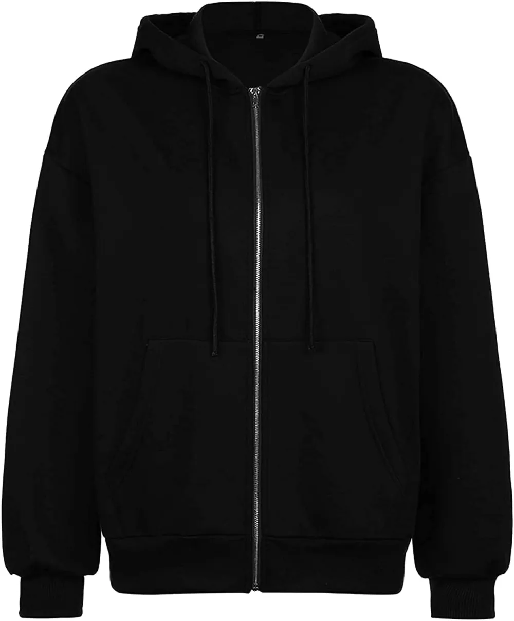 Women's Cute Hoodies Teen Girl Fall Jacket Oversized Sweatshirts Casual Drawstring Zip Up Y2K Hoodie with Pocket