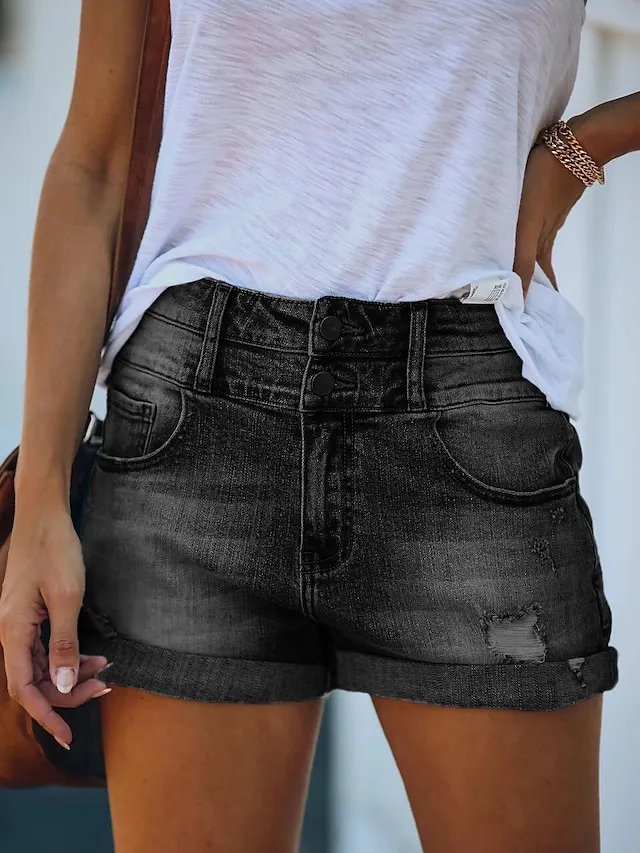 Women's Jeans Shorts Denim Blue Dark Blue Black Mid Waist Fashion Office Casual Baggy Micro-elastic Short Comfort Plain S M L XL XXL