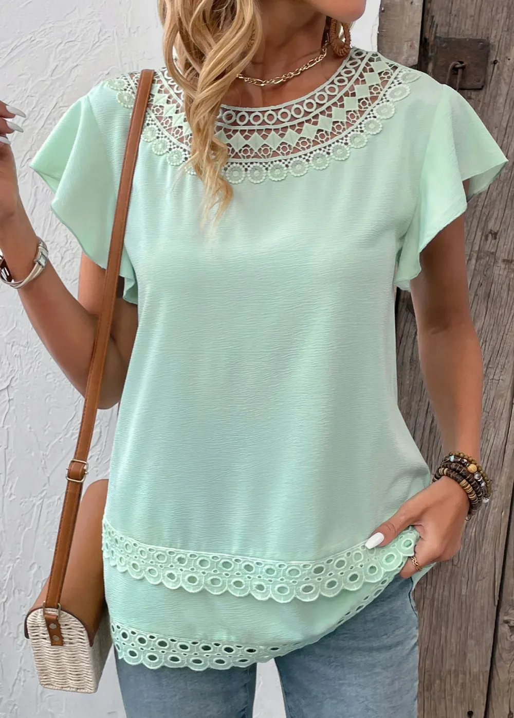 Mint Green Patchwork Short Sleeve Round Neck Blouse