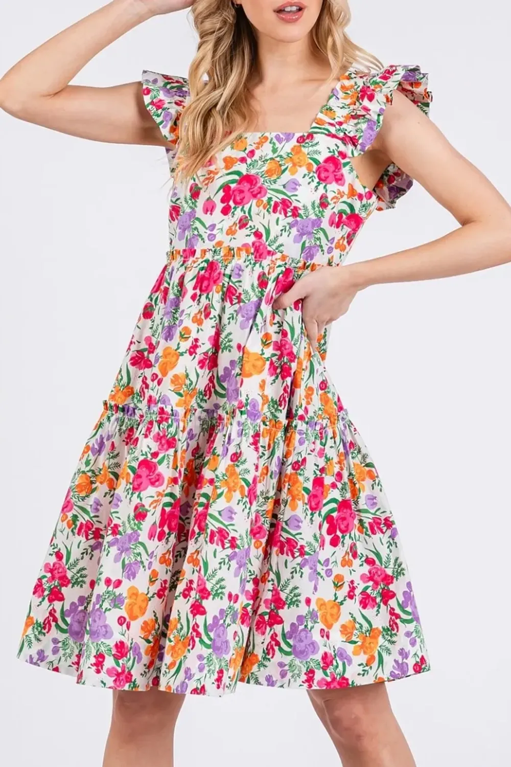 All-Match Temperament Square Neck Ivory Multl Dress