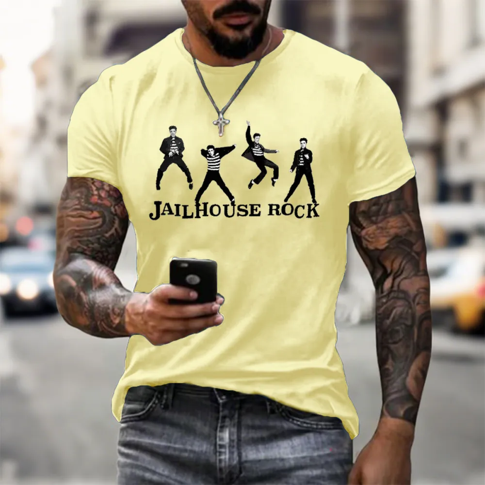 Men's Jail House Rock Print Short Sleeve Round Neck Cotton T-Shirt