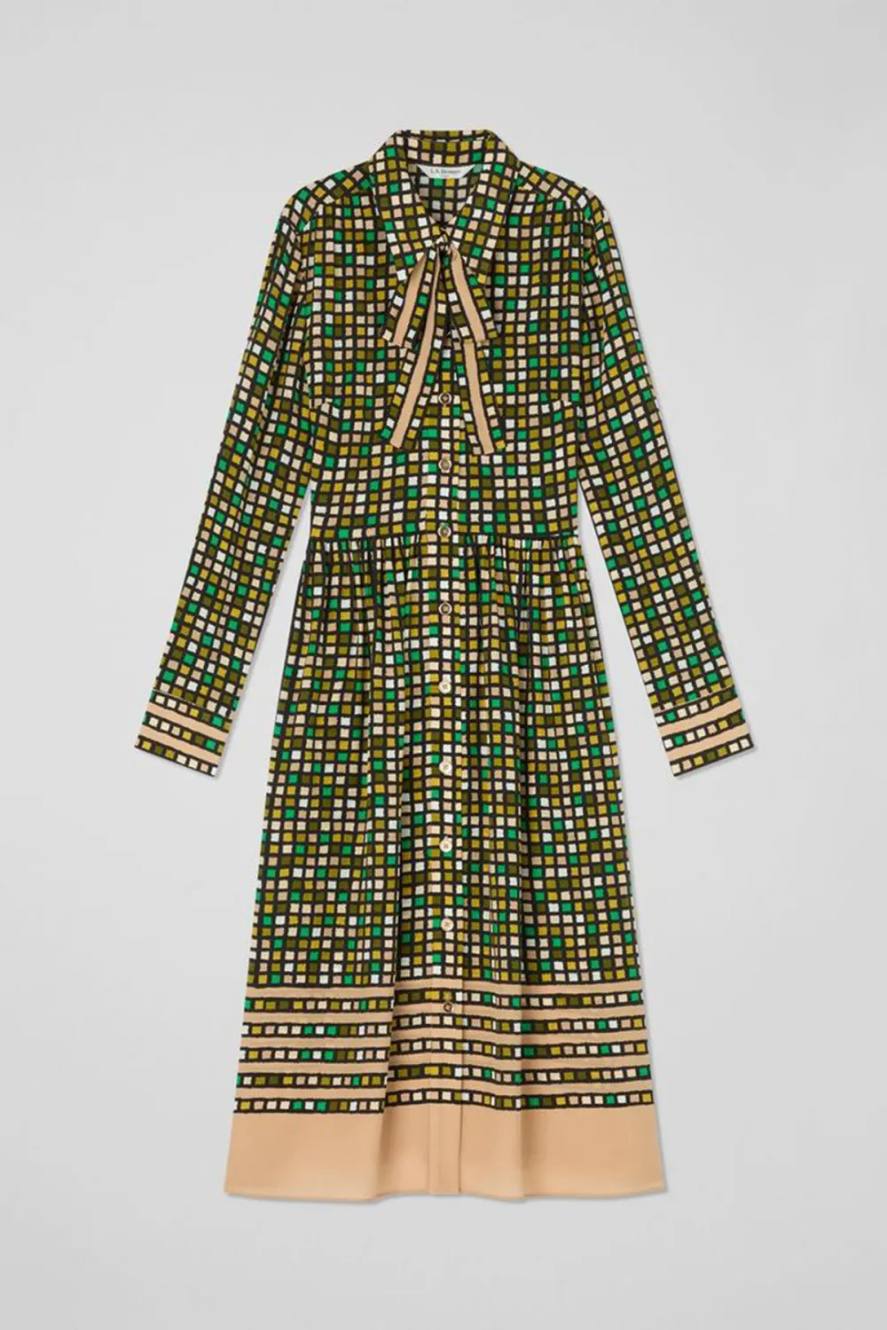 Green Checkered Tie Neck Two Tone Dress