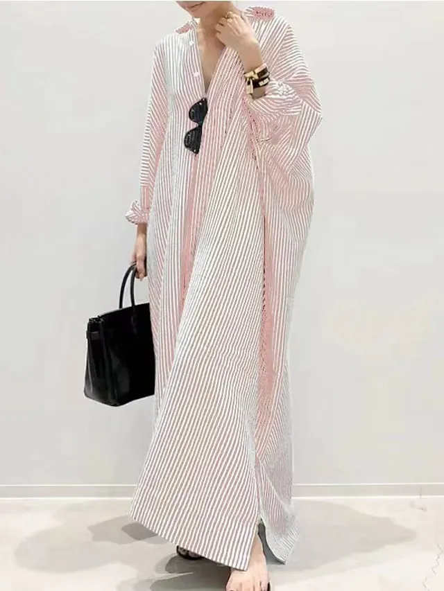 Women‘s Casual Dress Shirt Dress Cotton Dress Shift Dress Maxi long Dress Cotton Basic Casual Outdoor Winter Dress Daily Shirt Collar Button Split Long Sleeve Summer Winter Fall Spring 2023