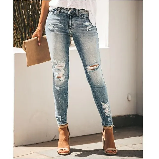 Women‘s Low Rise Jeans Skinny Pants Trousers Ankle-Length Denim Side Pockets Cut Out Micro-elastic Mid Waist Fashion Casual Weekend Light Blue S M