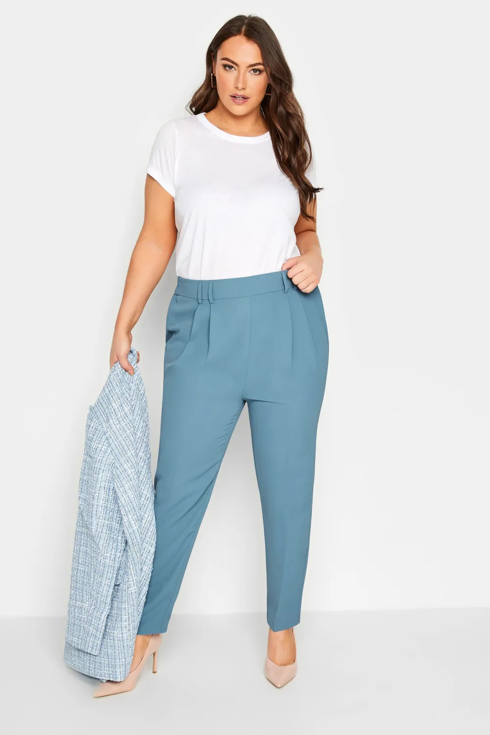 YOURS Curve Blue Double Belted Tapered Trousers