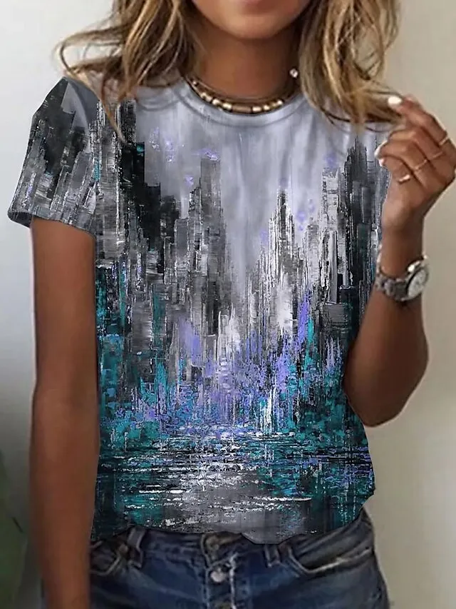 Women's T shirt Tee Grass Green Black Yellow Graphic Abstract Print Short Sleeve Daily Weekend Vintage Basic Round Neck Regular Geometric S