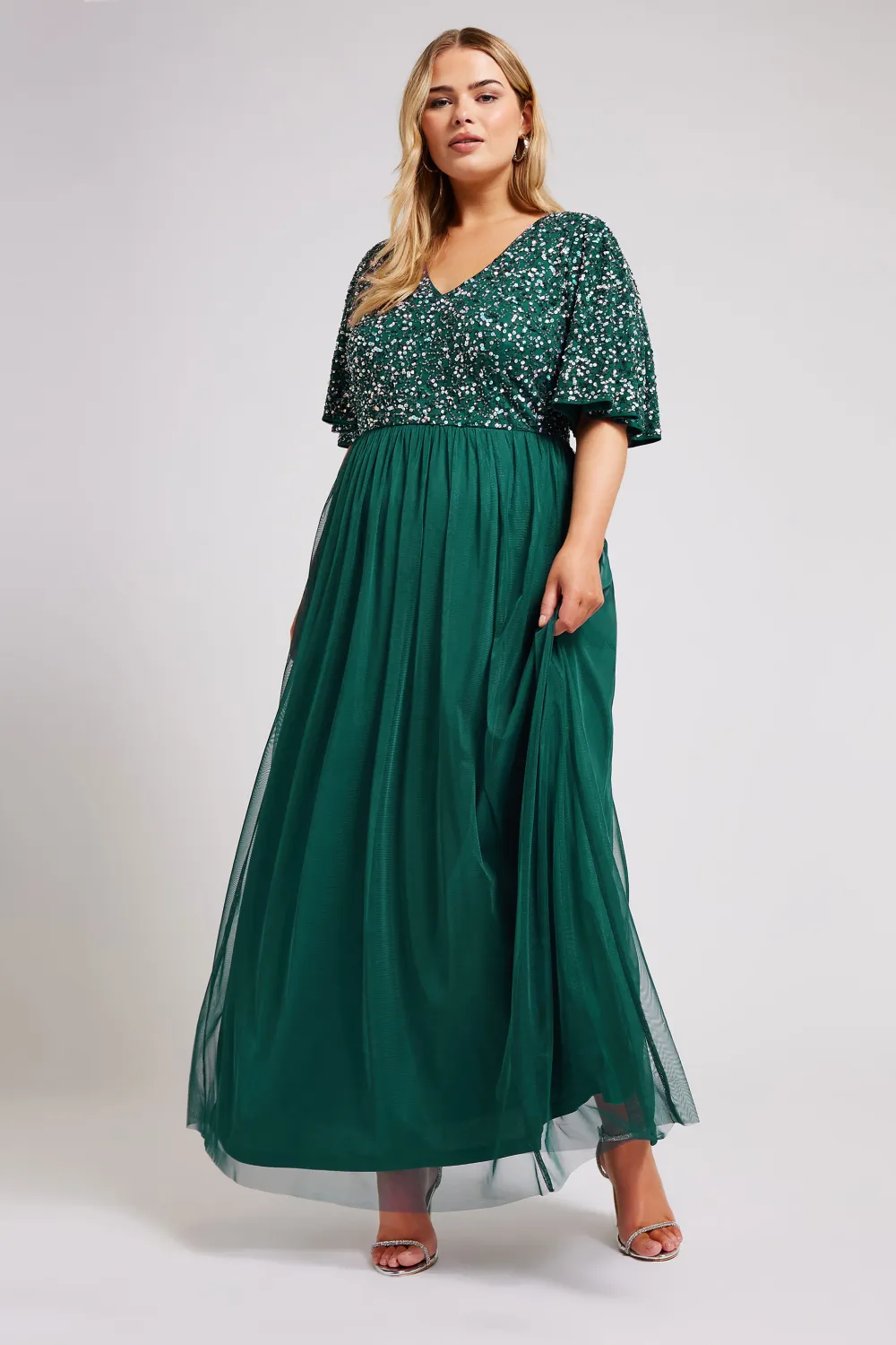 LUXE Curve Forest Green Sequin Hand Embellished Maxi Dress