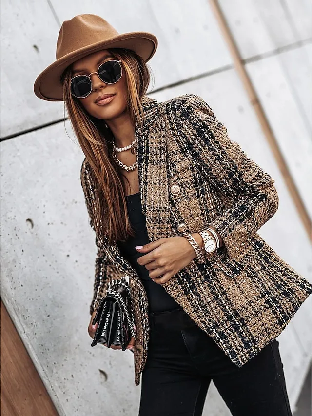 Women's Blazer Tweed Maillard Plaid Long Sleeve Coat Fall Winter Business Double Breasted Regular Jacket Green Brown XL 2XL 3XL