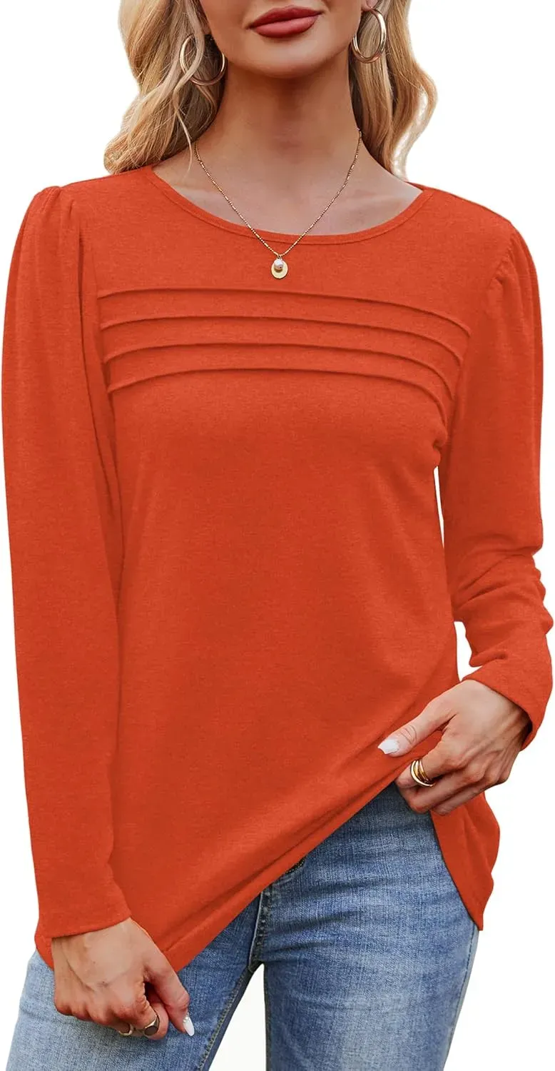 OFEEFAN Long Sleeve Shirts for Women Fall Fashion 2024 Dressy Casual Blouses Trendy Pleated Tunic Tops for Leggings