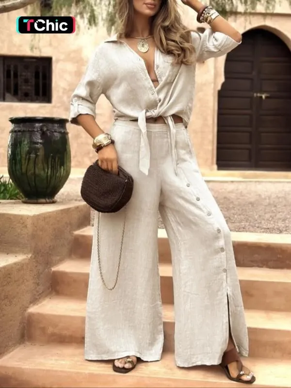🔥 Women's Loose-Fit Long Sleeve Shirt & Wide Leg Pants Set