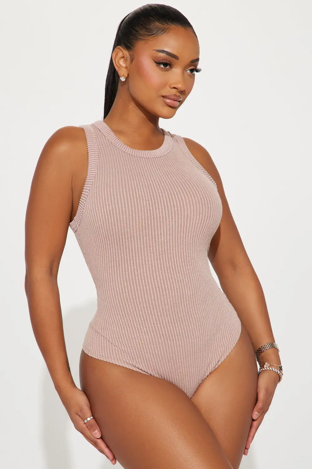 Not Amused Ribbed Bodysuit - Taupe