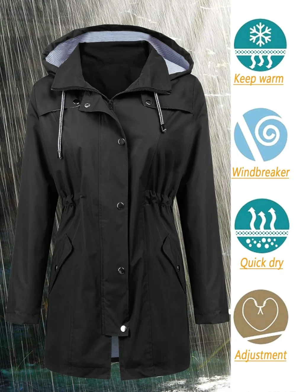 LOMON Raincoat Women Waterproof Long Hooded Trench Coats Lined Windbreaker Travel Jacket S-XXL