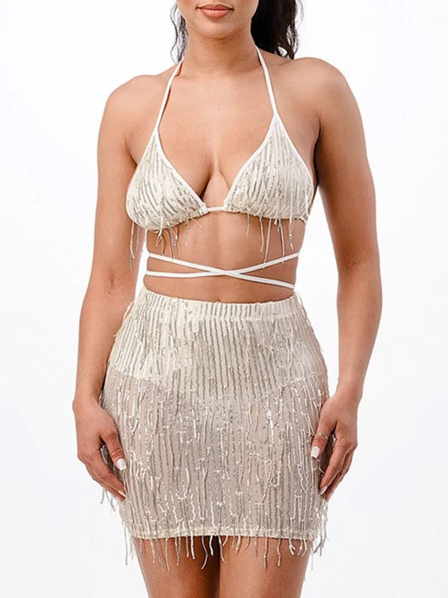Silver Fringe Crop Top and Mini Skirt Set