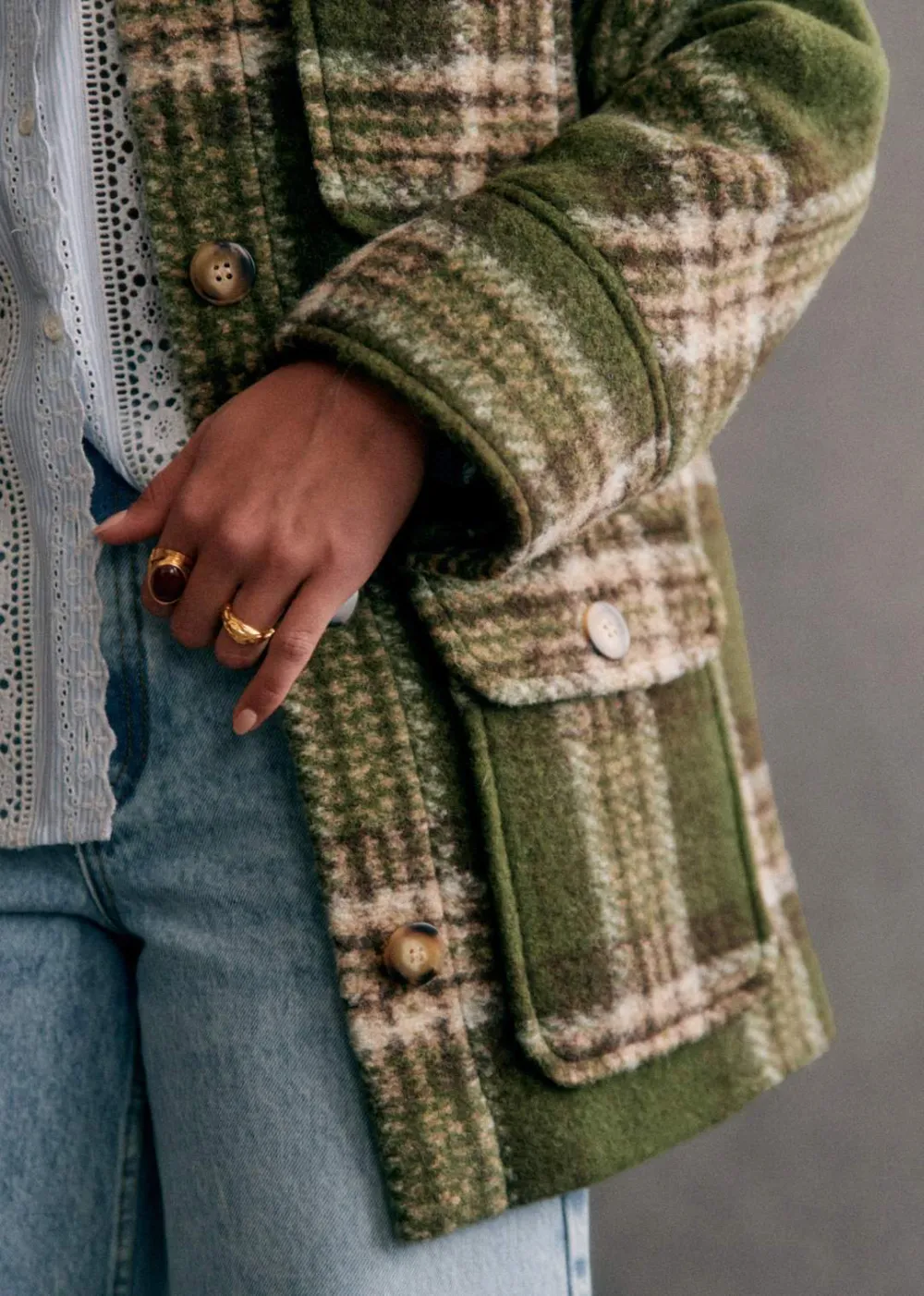 Khaki Check Checked Coat With Classic Collar