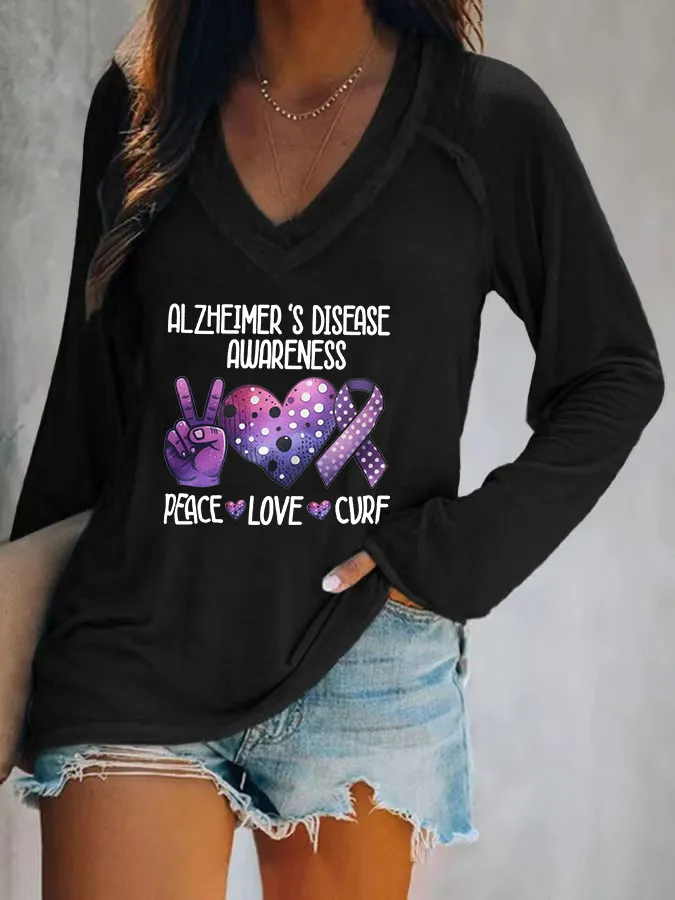 Women'S Alzheimer'S Disease Awareness Peace Love Cure V-Neck T-Shirt
