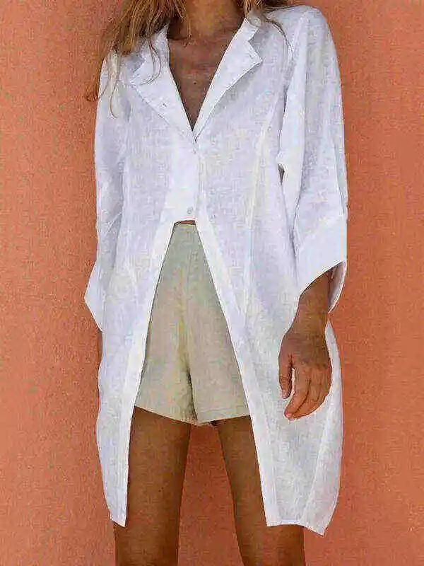 Casual Long Sleeves Split-Front Solid Color Notched Collar Blouses