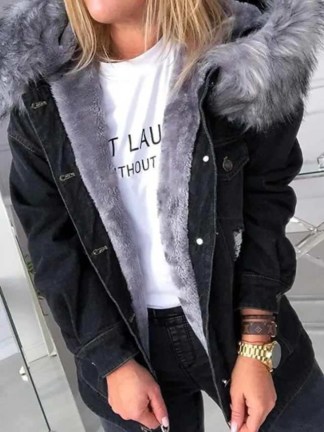 Women's Denim Jacket Hoodie Jacket Daily Fall Winter Regular Coat Loose Fit Streetwear Jacket Long Sleeve Pocket Black Blue Grey
