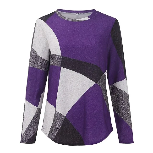 Women's T shirt Tee Red Blue Purple Geometic Color Block Office Basic Round Neck Fall Winter Fall & Winter
