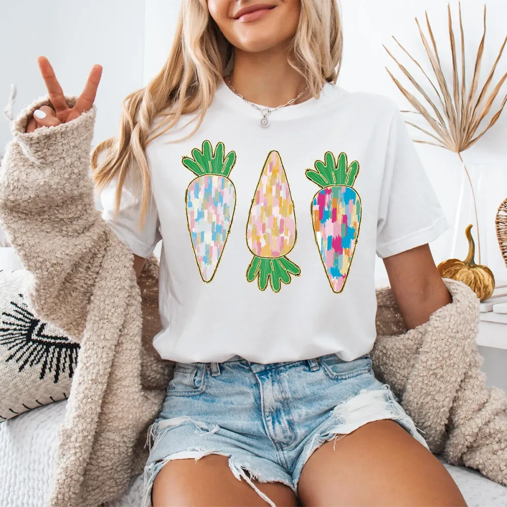T-shirt Easter Bunny Carrot Women Printed Round Neck Short Sleeve