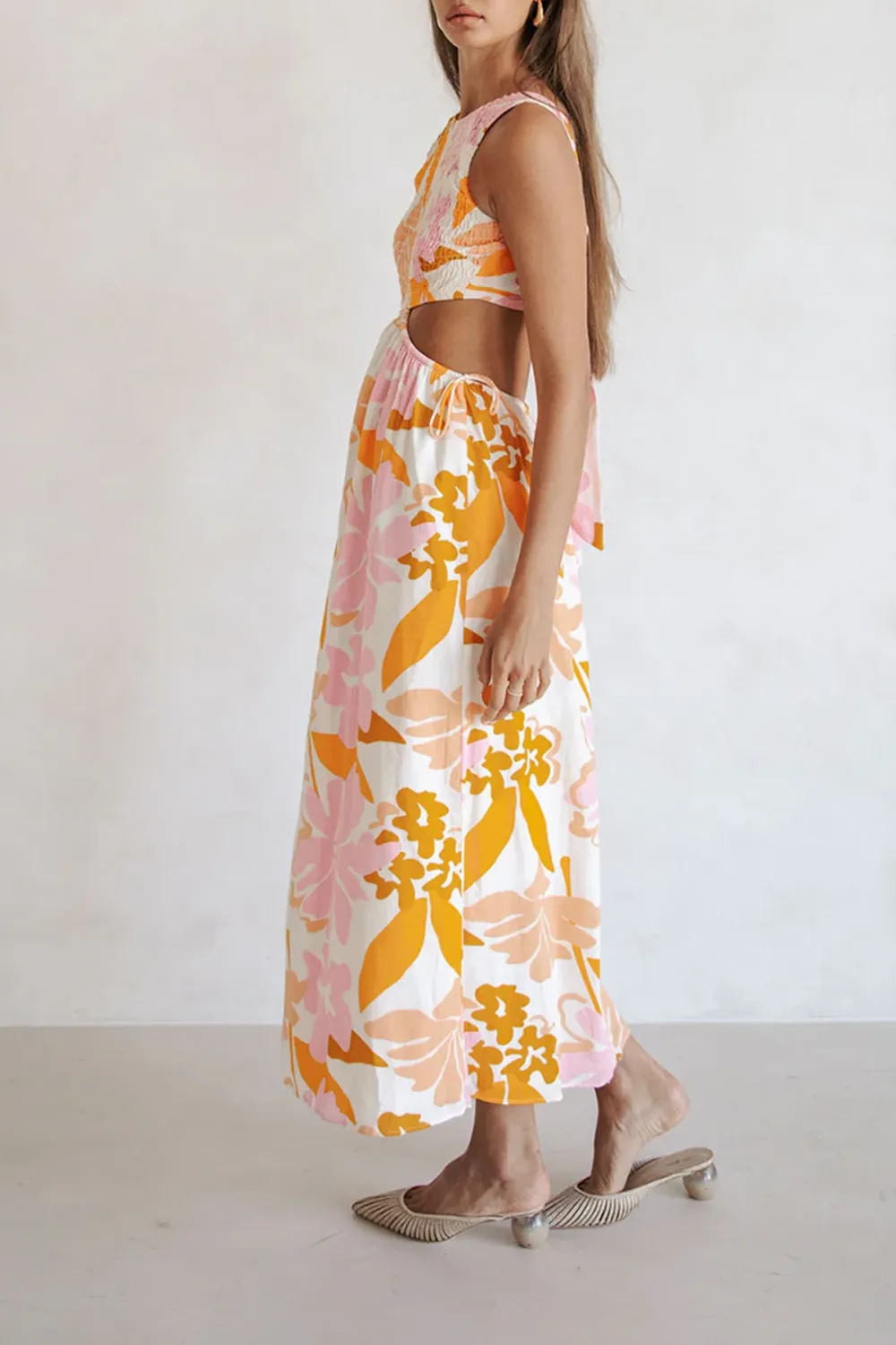 Cut Out Floral Print Midi Dress