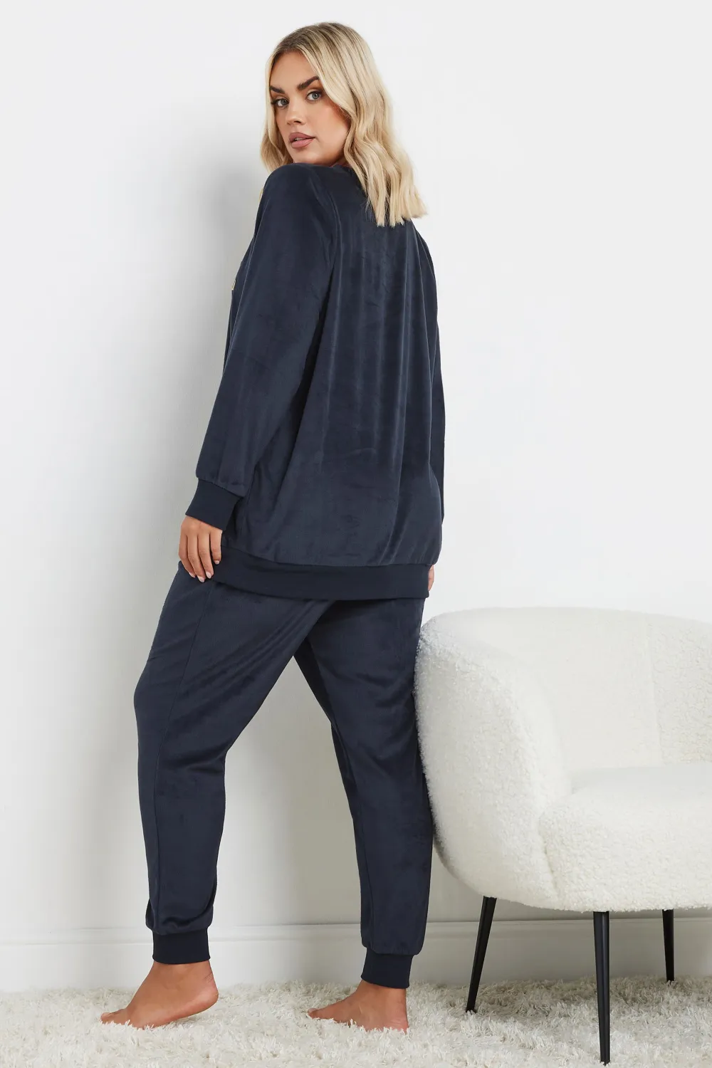 YOURS Curve Navy Blue 'Time To Chill' Soft Fleece Loungewear Set