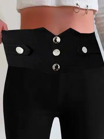 Casual Plain Buckle Natural Long Legging