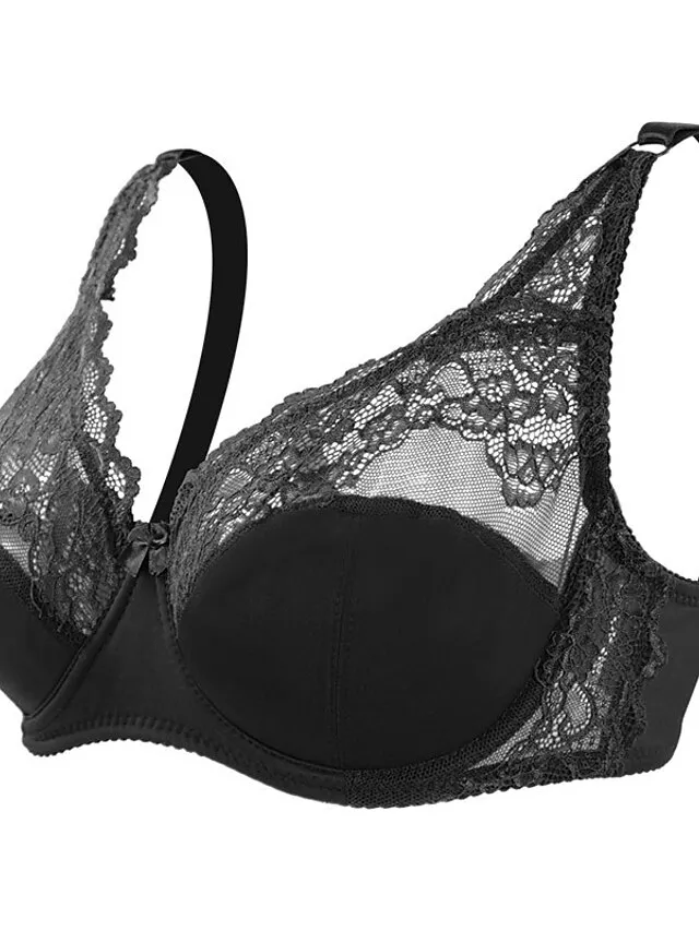 Women's Curve Plus Size Solid Color Pure Color Flower / Floral Lace Lingerie Sexy V Neck Winter Fall Sheer Bras 3/4 Cup Black Dusty Rose Red Big Size 85/38C 90/40C 95/42C 100/44C