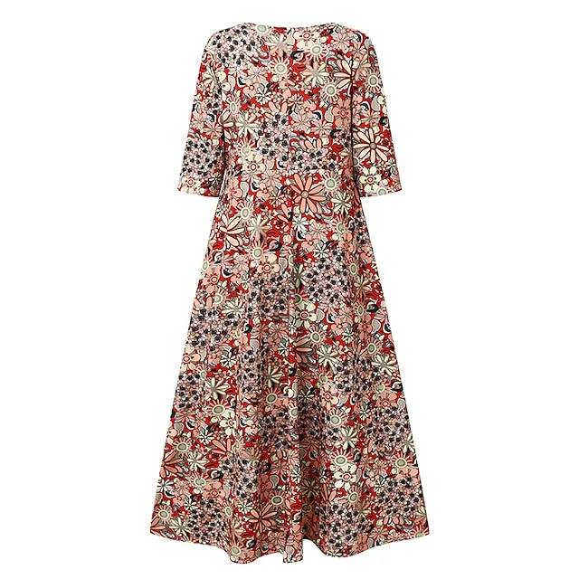 Women's Casual Dress Ethnic Dress Midi Dress Red Half Sleeve Floral Print Fall Spring Summer V Neck Casual Vacation 2023 S M L XL XXL 3XL
